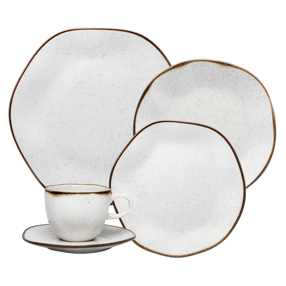 Jogo de chá em cerâmica 20 peças branco com dourado e suporte
